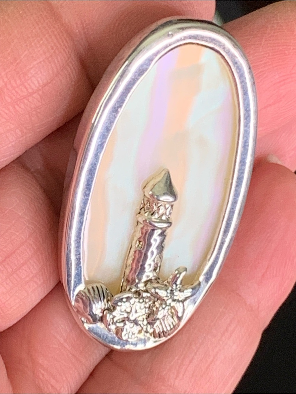 Vintage Mother of Pearl Lighthouse Seashell Brooch Pendant Silver Plated